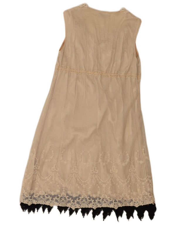 Vintage Damen Ärmelloses A-Linien-Kleid UK 10 Small Beige Floral Cotton