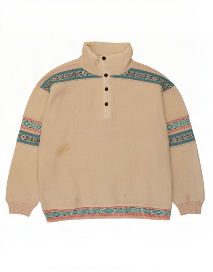 Silvy Herren-Fleecepullover mit Knopfkragen, groß, cremefarbenes Fair-Isle-Polyester