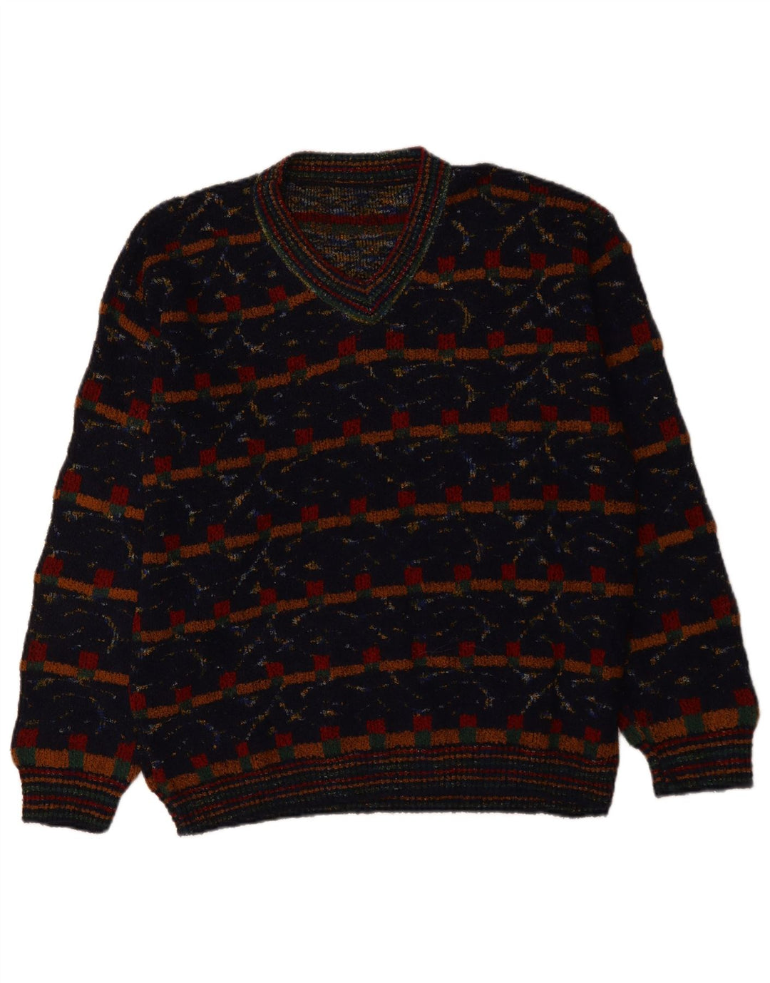 VINTAGE Herren Pullover mit V-Ausschnitt XL Marineblaue geometrische Wolle