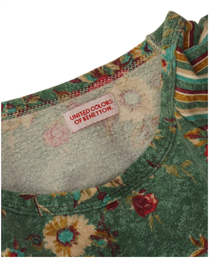 BENETTON Damen Langarm-T-Shirt-Kleid UK 14 Mittelgrün geblümt