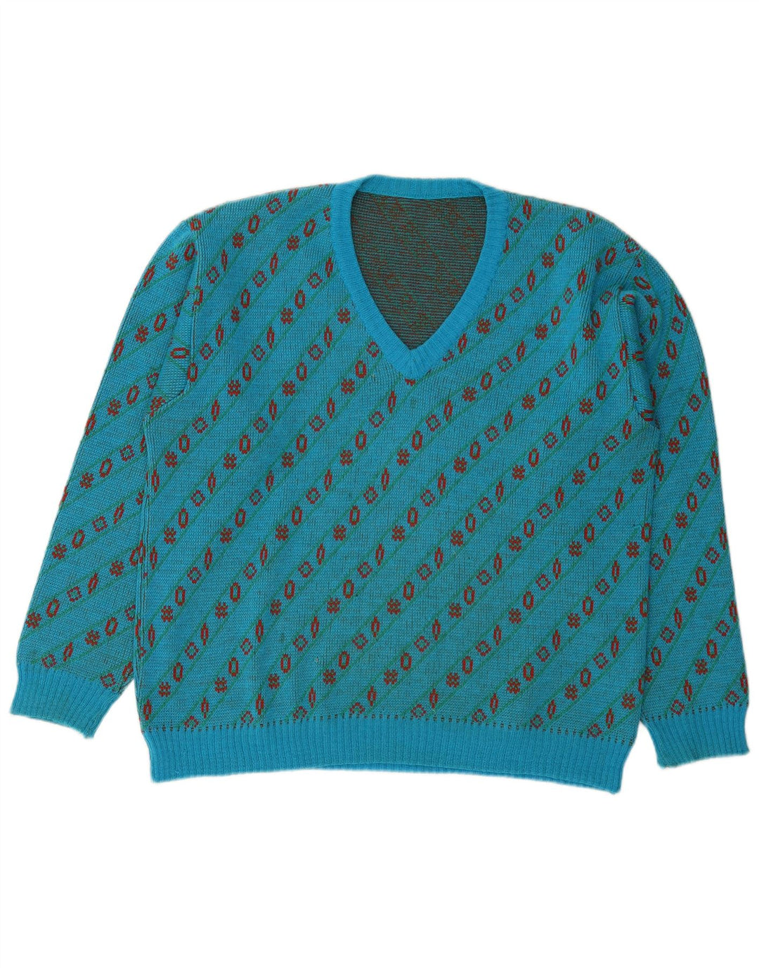 Vintage Herren V-Ausschnitt Pullover Pullover Große blaue geometrische Wolle