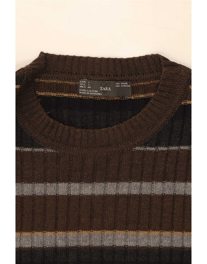 Zara Herren-Pullover mit Rundhalsausschnitt, große braun gestreifte Wolle