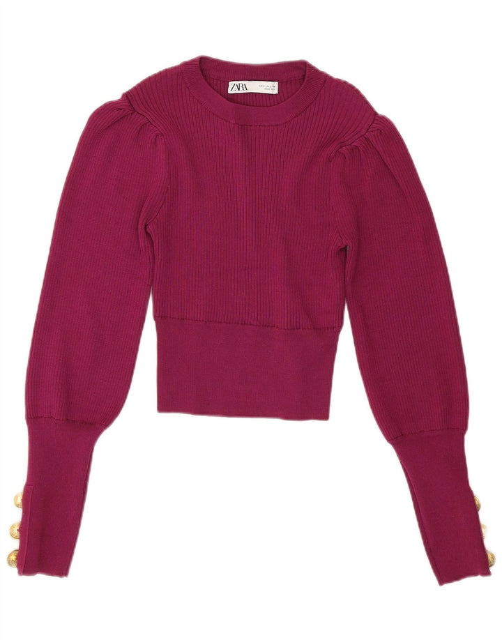 ZARA Damen Crop Crew Neck Pullover Pullover UK 10 Small Burgund Polyester