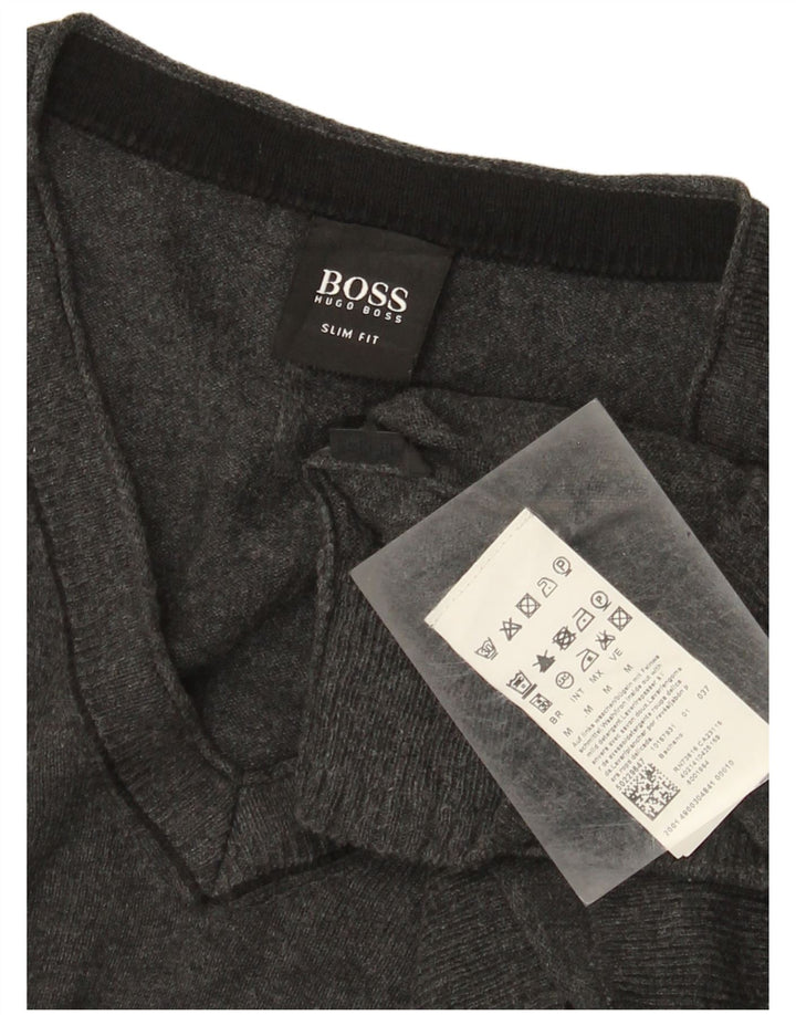 Hugo Boss Herren-Slim-Fit-Pullover mit V-Ausschnitt aus mittelgrauer Baumwolle