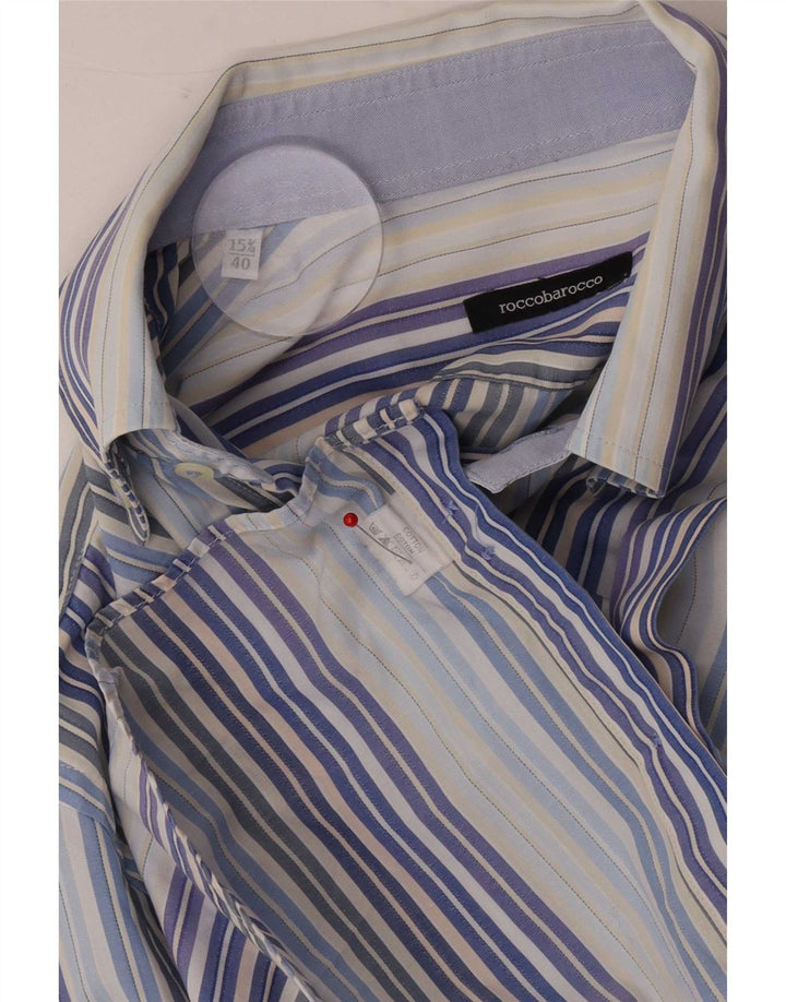Roccobarocco Herrenhemd Größe 40 15 3/4 mittelblau gestreifte Baumwolle