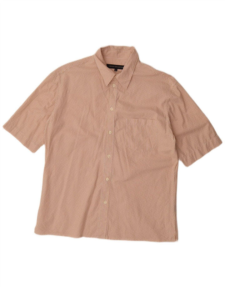 FRENCH CONNECTION Herren-Kurzarmhemd, groß, beige Gingham-Baumwolle