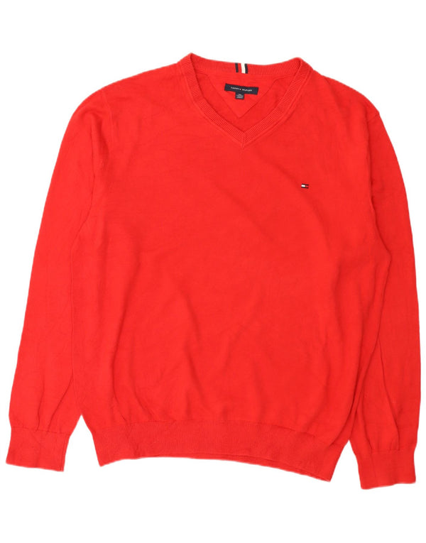 Tommy Hilfiger Mens V-Neck Jumper Sweater 2XL Red Cotton