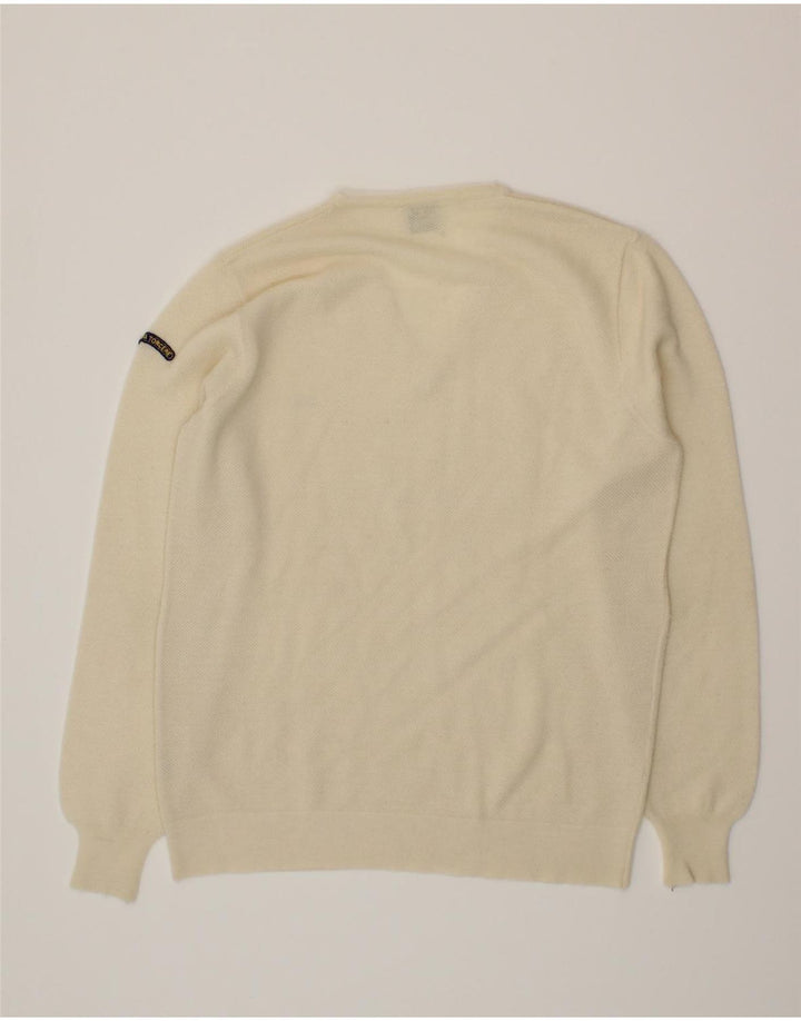 VINTAGE Mens Graphic V-Neck Jumper Sweater Medium Off White Wool Vintage Vintage and Second-Hand Vintage from Messina Hembry 