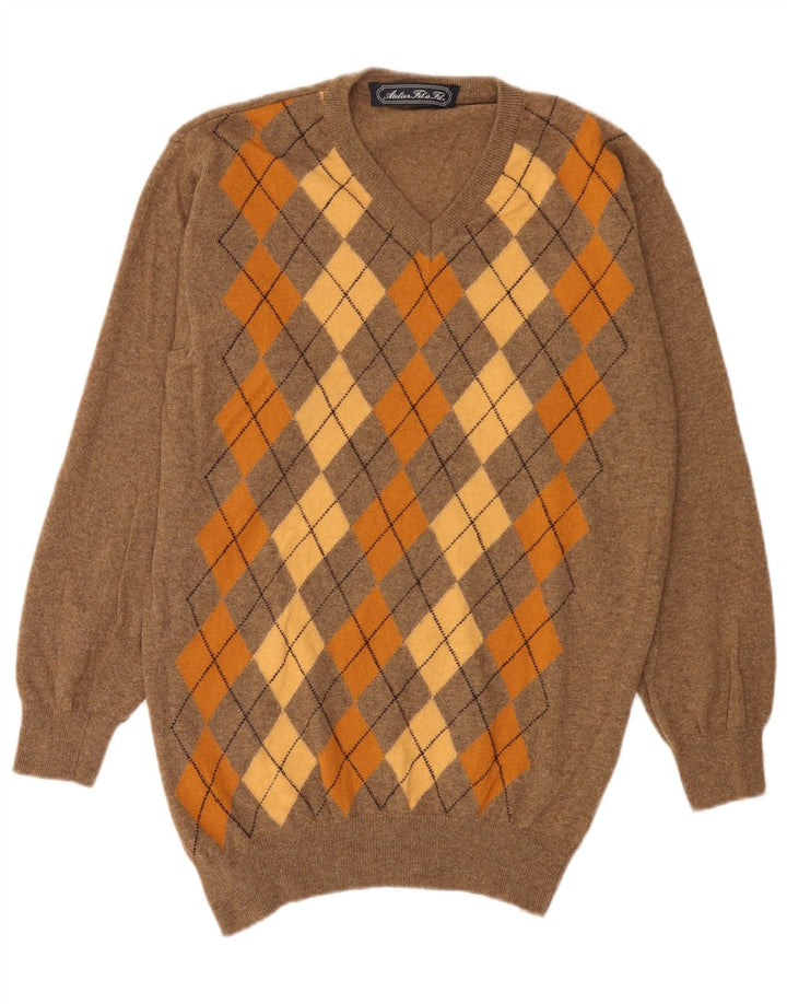 Vintage Herren Pullover mit V-Ausschnitt XL Braun Argyle/Diamond Wool