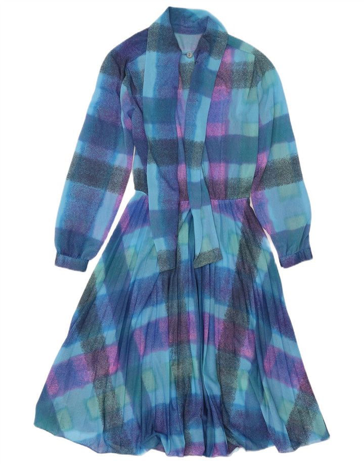 Durchsichtiges, langärmliges A-Linien-Kleid für Damen im Vintage-Stil, klein, blau kariert