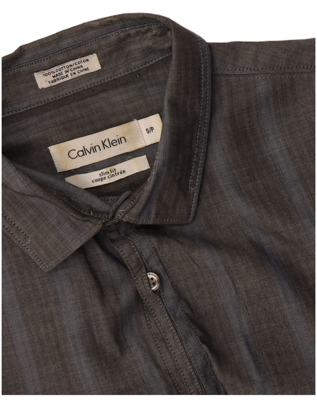 Calvin Klein Herren-Slim-Fit-Hemd, klein, graue Baumwolle mit Fischgrätenmuster
