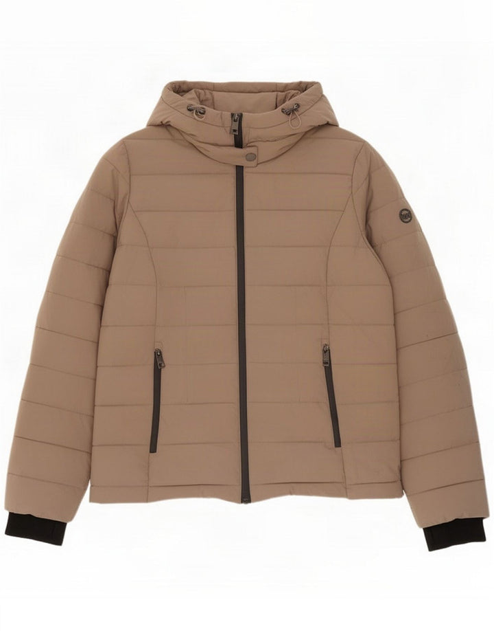 Michael Kors Wattierte Damenjacke mit Kapuze UK 14 Mittelbraunes Polyester