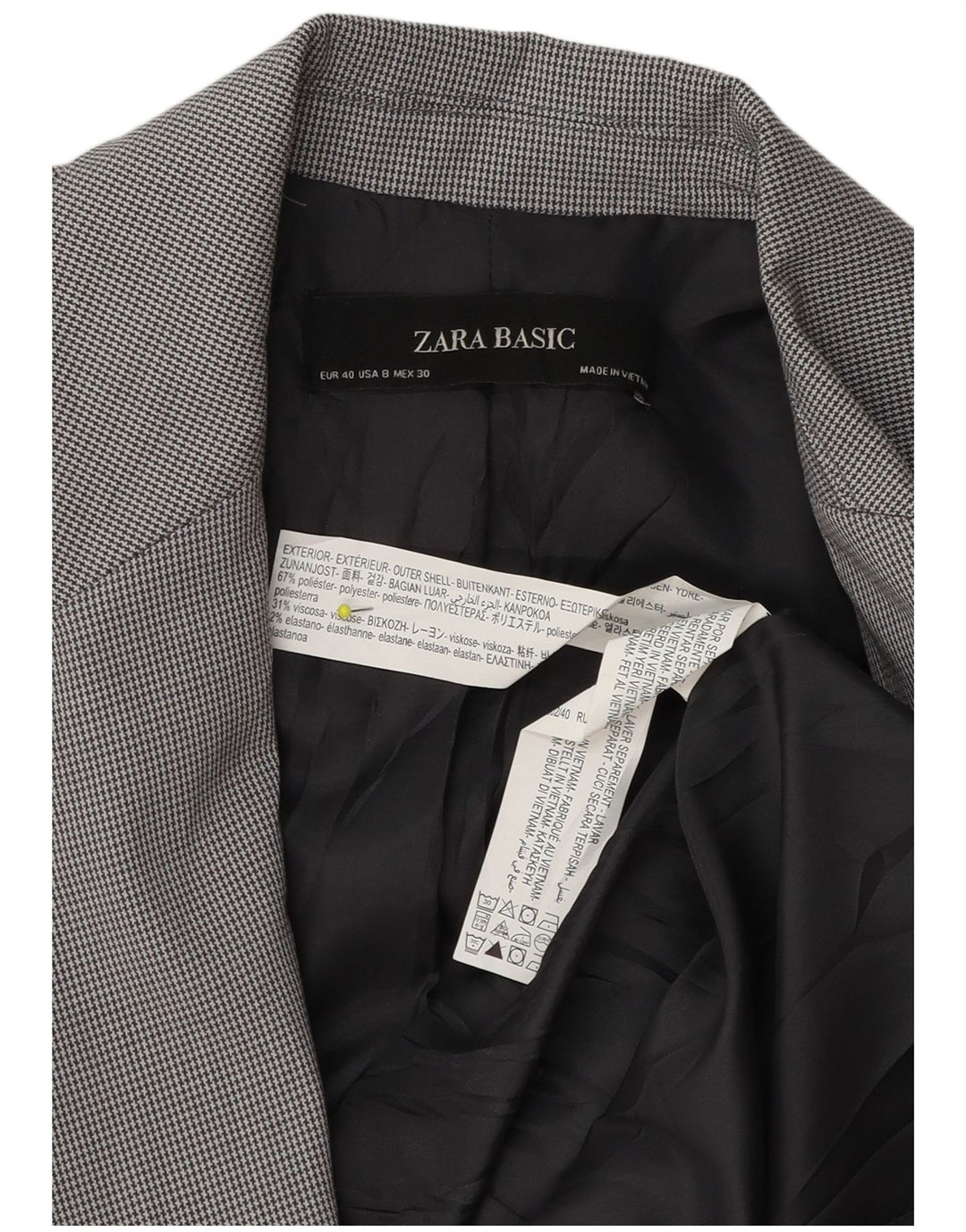Zara Damen 1-Knopf-Blazerjacke EU 40 Mittelgraues Hahnentritt-Polyester
