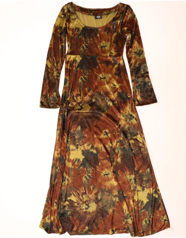Vintage Damen Langarm Velour Maxikleid UK 12 Mittelbraun Batik