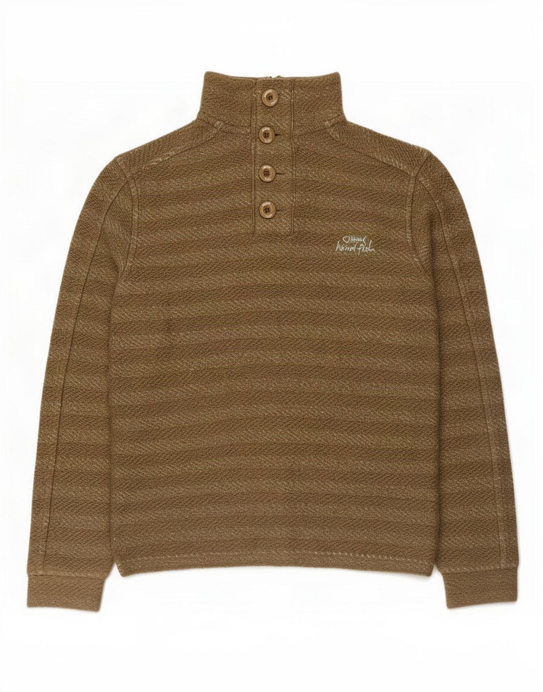Weird Fish Herren-Sweatshirt mit Knopfkragen, klein, Khaki, gestreift, Baumwolle