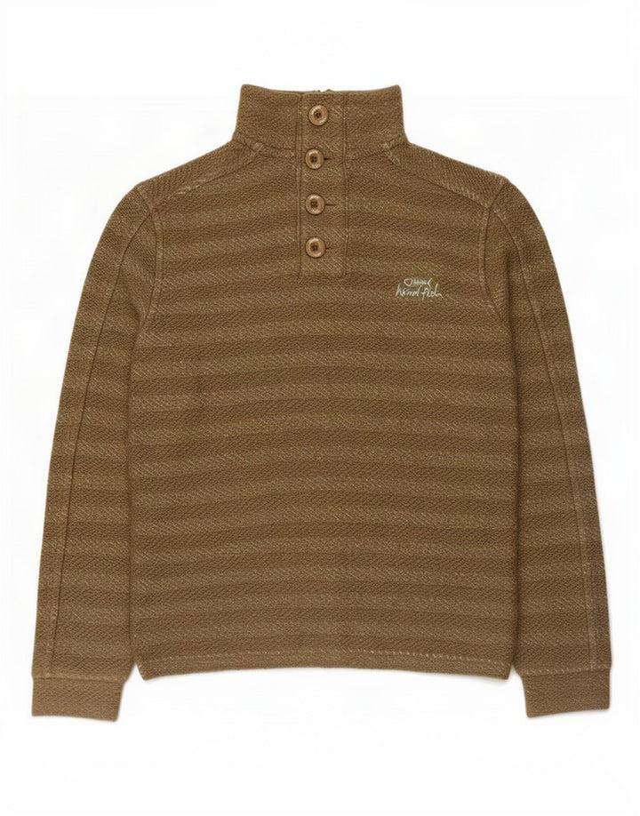 Weird Fish Herren-Sweatshirt mit Knopfkragen, klein, Khaki, gestreift, Baumwolle