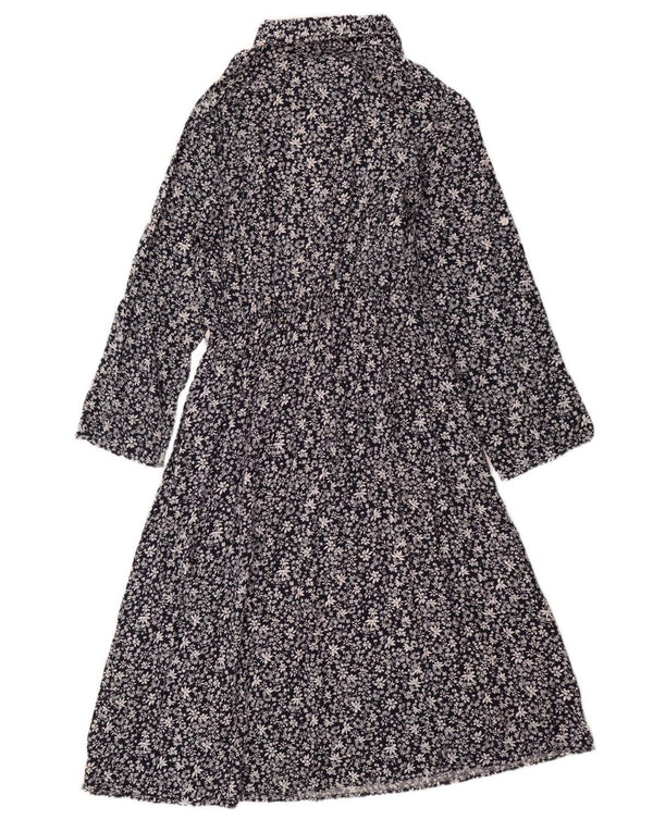 VINTAGE Damen Langarm-Maxikleid UK 14 Große marineblaue geblümte Baumwolle