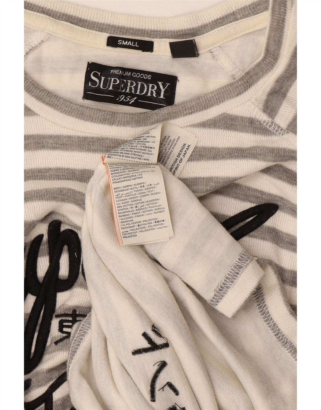 Superdry Damen Graphic Top Langarm UK 10 Small Grau gestreift Baumwolle