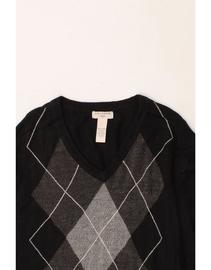 DOCKERS Mens V-Neck Jumper Sweater 2XL Black Argyle/Diamond Acrylic Vintage Dockers and Second-Hand Dockers from Messina Hembry 