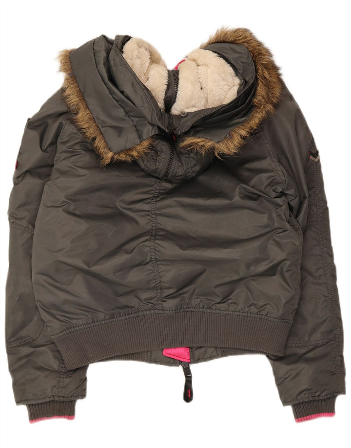 Superdry Damen-Flugfliegerjacke mit Kapuze, gepolstert, UK 14, mittelgraues Nylon
