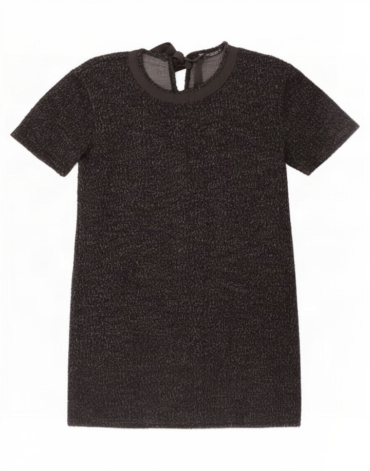 Zara Damen-Basic-Kleid UK 14 Mittelschwarz gefleckte Baumwolle