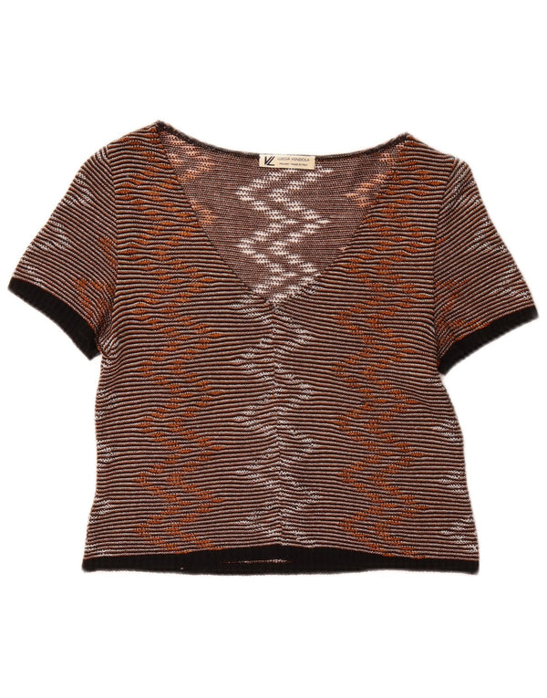 Vintage Womens Crop Blouse Top UK 10 Small Brown Pinstripe