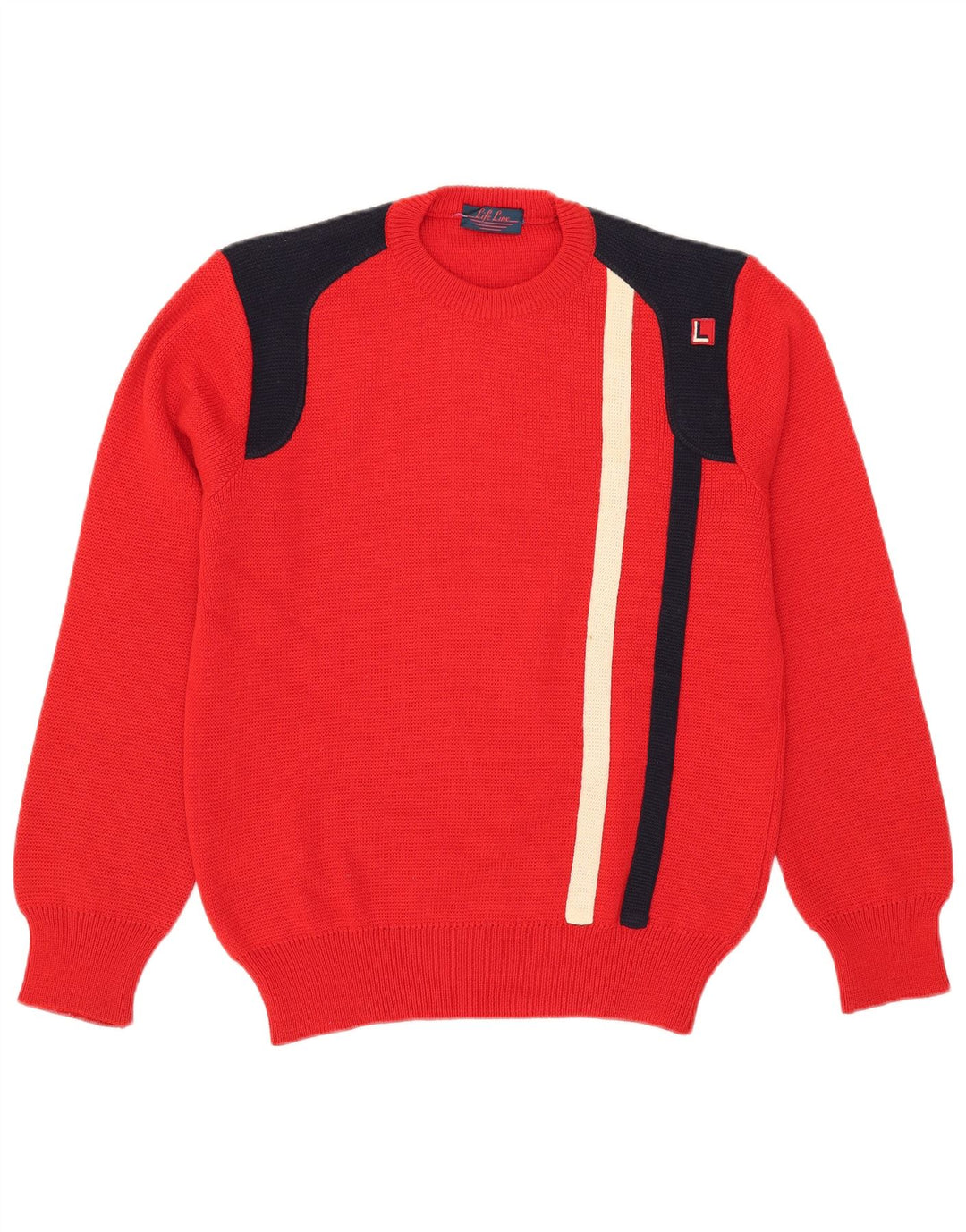 Life Line Herren-Pullover mit Rundhalsausschnitt, mittelrote Wolle im Colourblock-Design