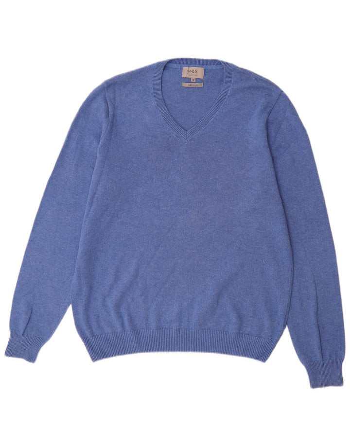 Marks & Spencer Herren-Pullover mit V-Ausschnitt aus mittelblauer Baumwolle