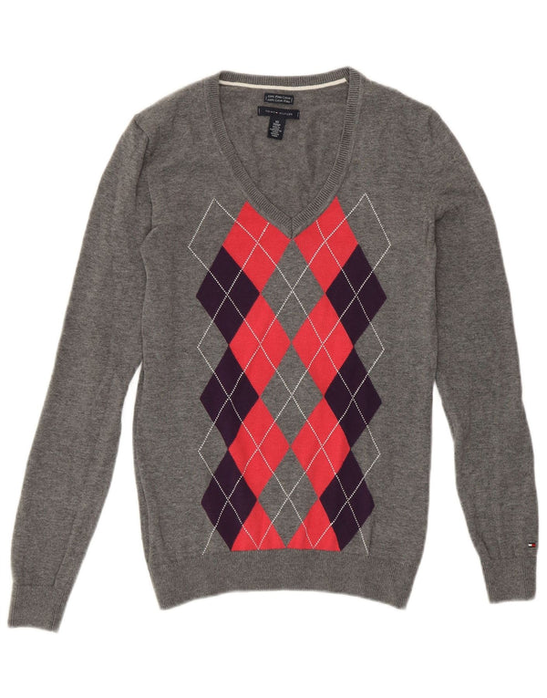 TOMMY HILFIGER Damen-Pullover mit V-Ausschnitt, Gr. 6, XS, Grau Argyle/Diamant