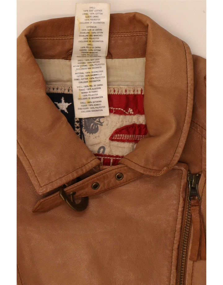 True Religion Damen-Bikerjacke aus Leder, UK 10, Größe S, Beige, Farbblock