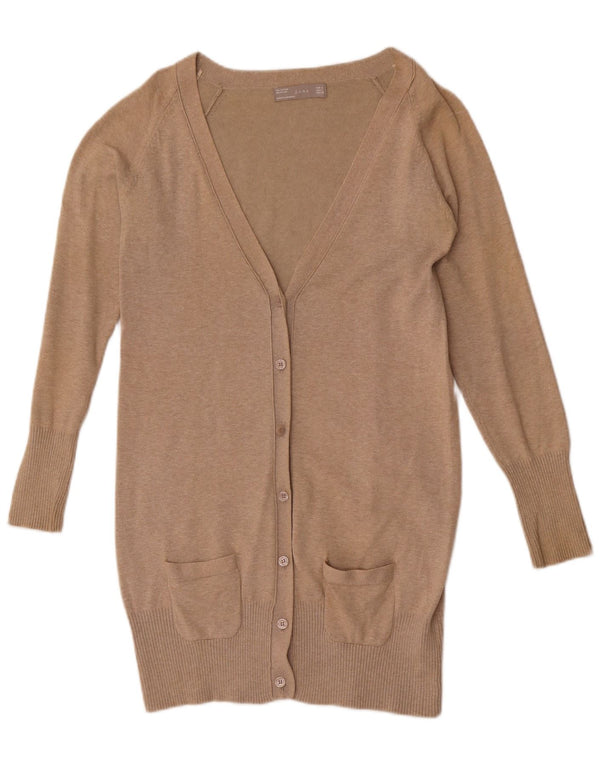 Zara Damen Longline-Cardigan-Pullover UK 14 Large Beige Baumwolle