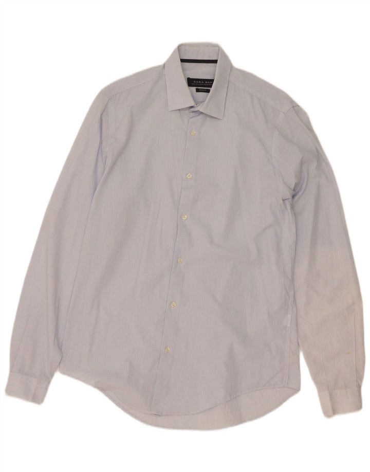 Zara Herren Slim Fit Hemd aus mittelblauer Nadelstreifen-Baumwolle