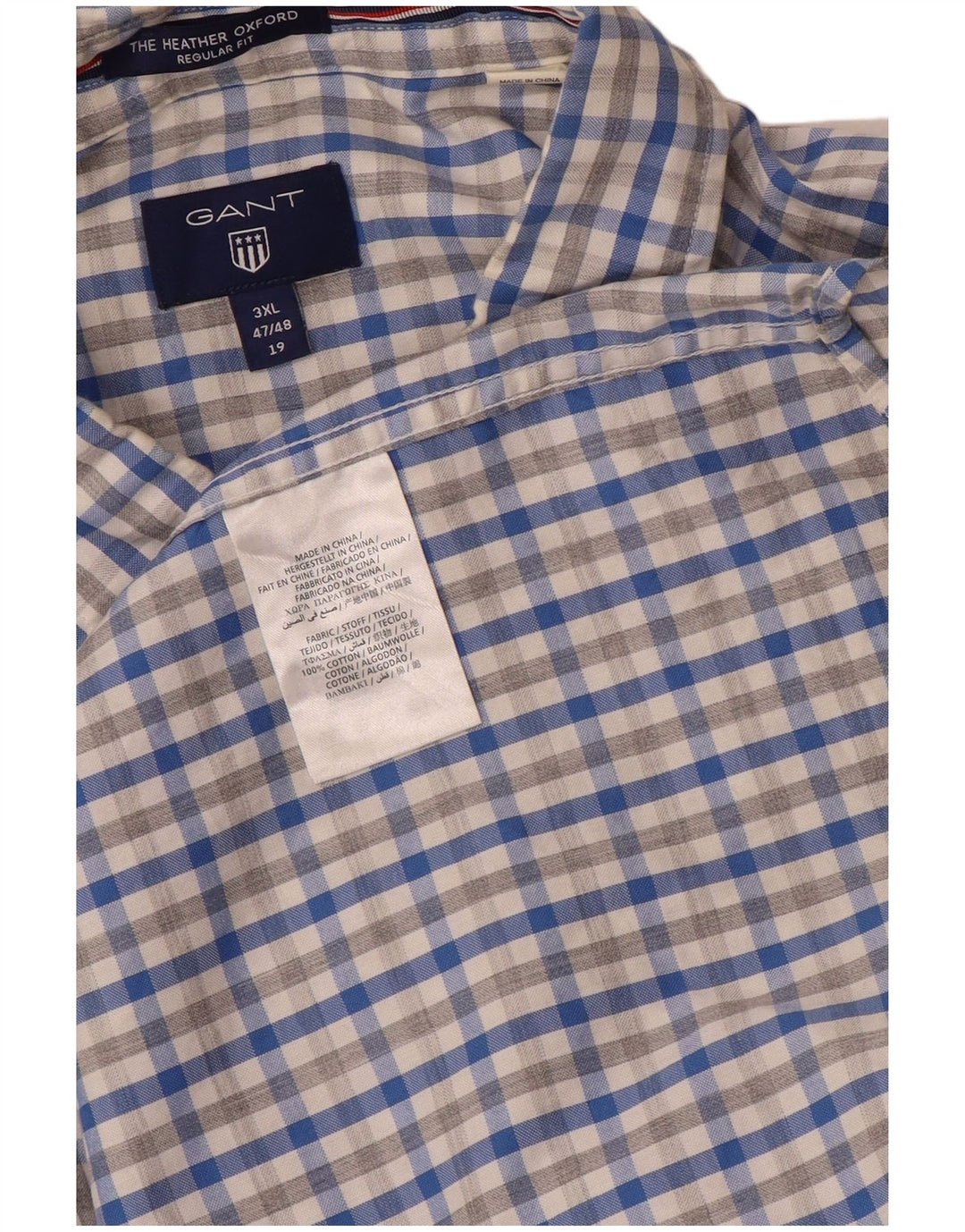 Gant Herren-Hemd, kurzärmelig, normale Passform, Größe 47/48, 19 3XL, blaues Gingham-Muster