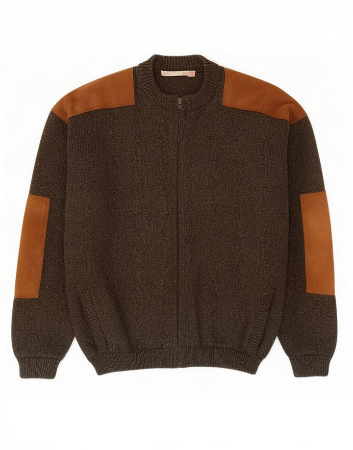 Vintage Herren-Cardigan mit Reißverschluss, mittlerer Khaki-Farbblock