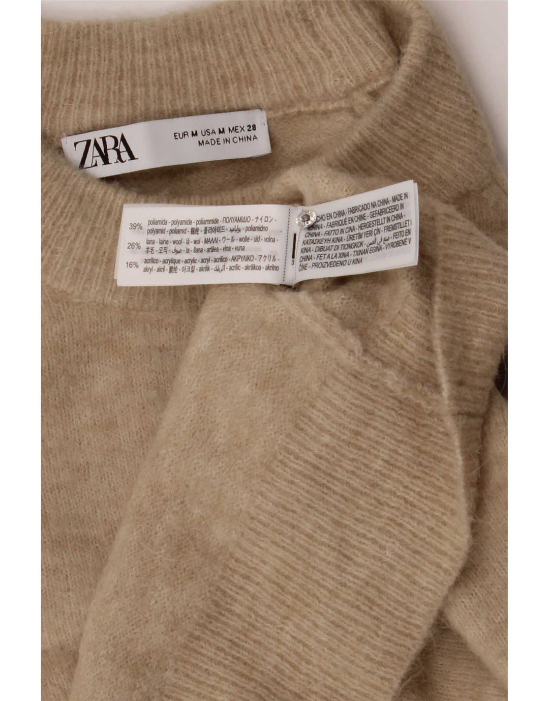 Zara Damen-Pullover mit Rundhalsausschnitt, UK 14, mittelbeigefarbenes Polyamid