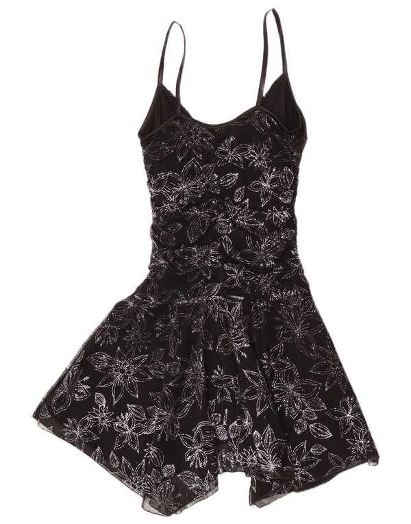 Jane Norman Damen ärmelloses asymmetrisches Kleid UK 14 Mittelschwarz geblümt