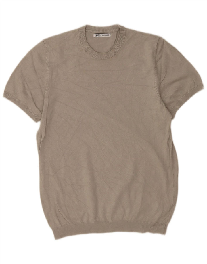 Zara Herren Kurzarm-Pullover mit Rundhalsausschnitt, Größe S, graue Viskose