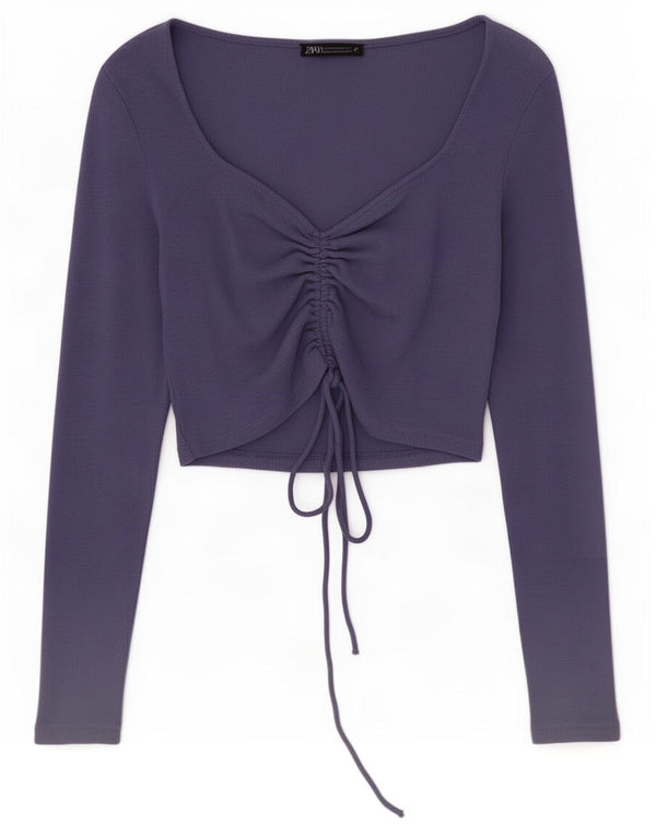 Zara Damen Crop Top Langarm UK 12 Medium Lila Baumwolle