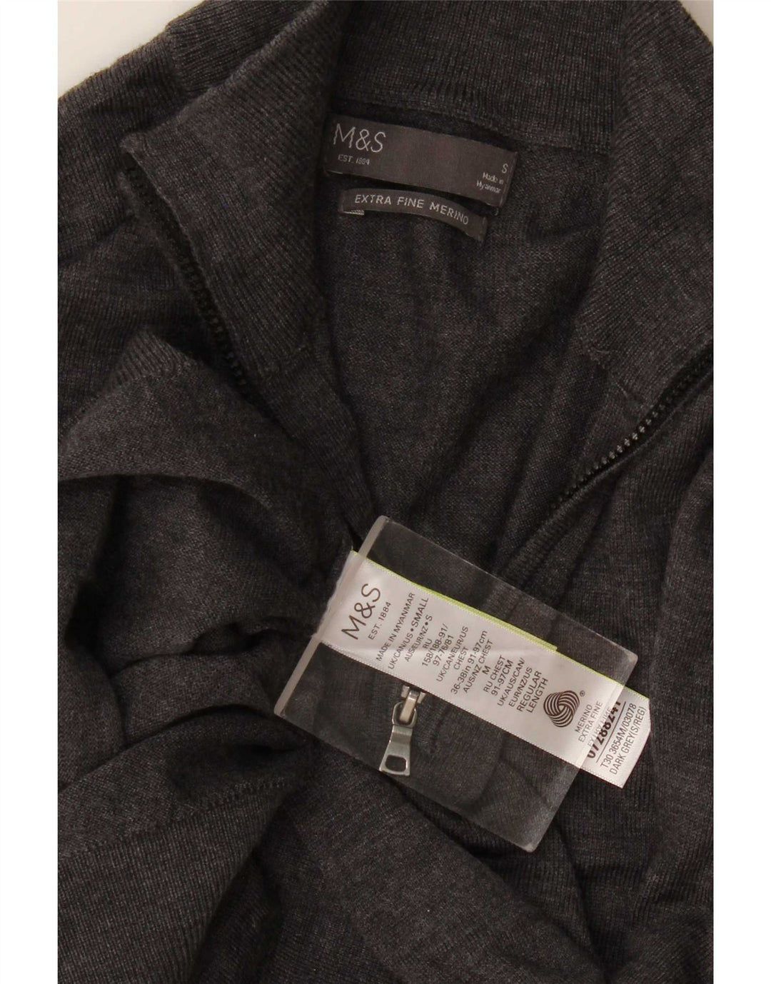Marks & Spencer Herren-Pullover mit Reißverschluss am Hals, kleine graue Merinowolle