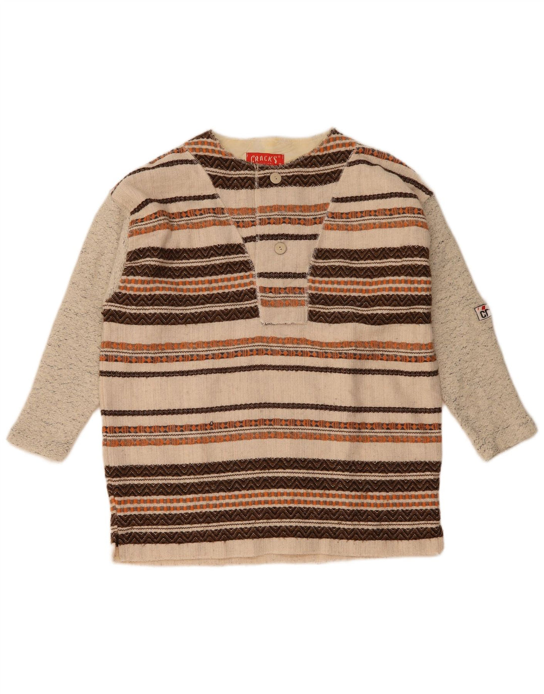 Vintage Herren-Pullover mit 3/4-Ärmeln und Knöpfen, Mittelbeige gestreift