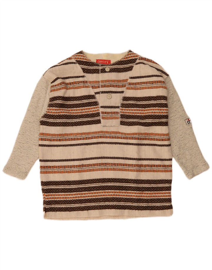 Vintage Herren-Pullover mit 3/4-Ärmeln und Knöpfen, Mittelbeige gestreift