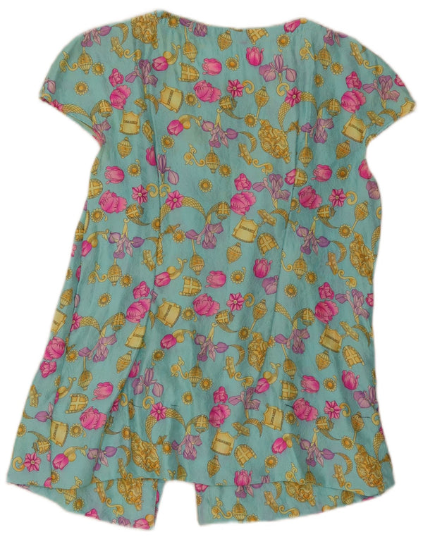 Vintage Damen Kurzarm-Hemdbluse UK 10 Small Türkis Floral