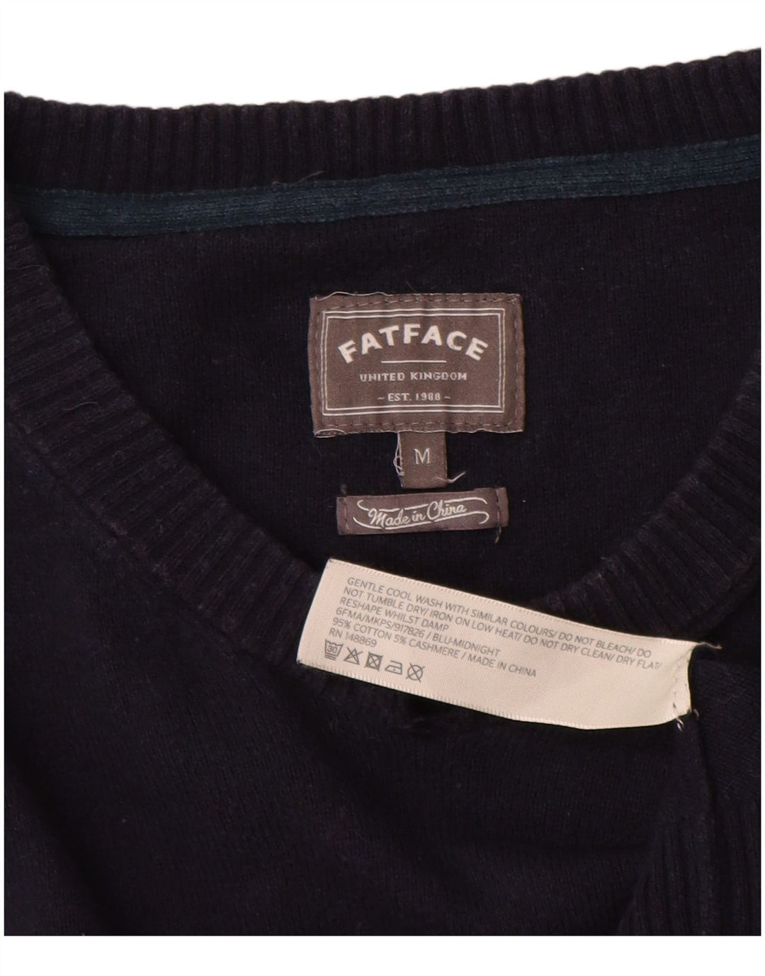Fat Face Herren-Pullover mit V-Ausschnitt aus mittelblauer Baumwolle