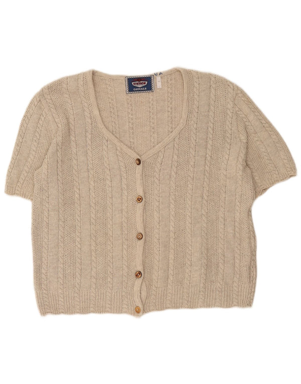 Vintage Damen Loose Fit Kurzarm Cardigan Pullover UK 14 Large Beige