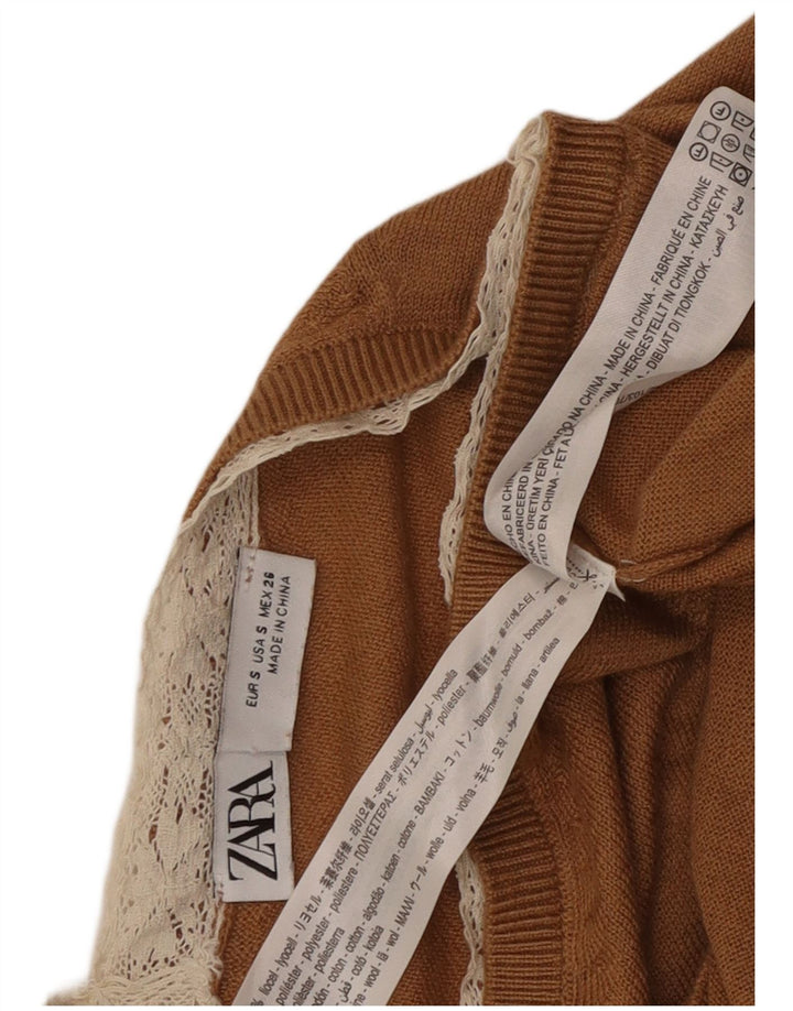Zara Damen-Pullover mit V-Ausschnitt, UK 10, Größe S, braun, Lyocell