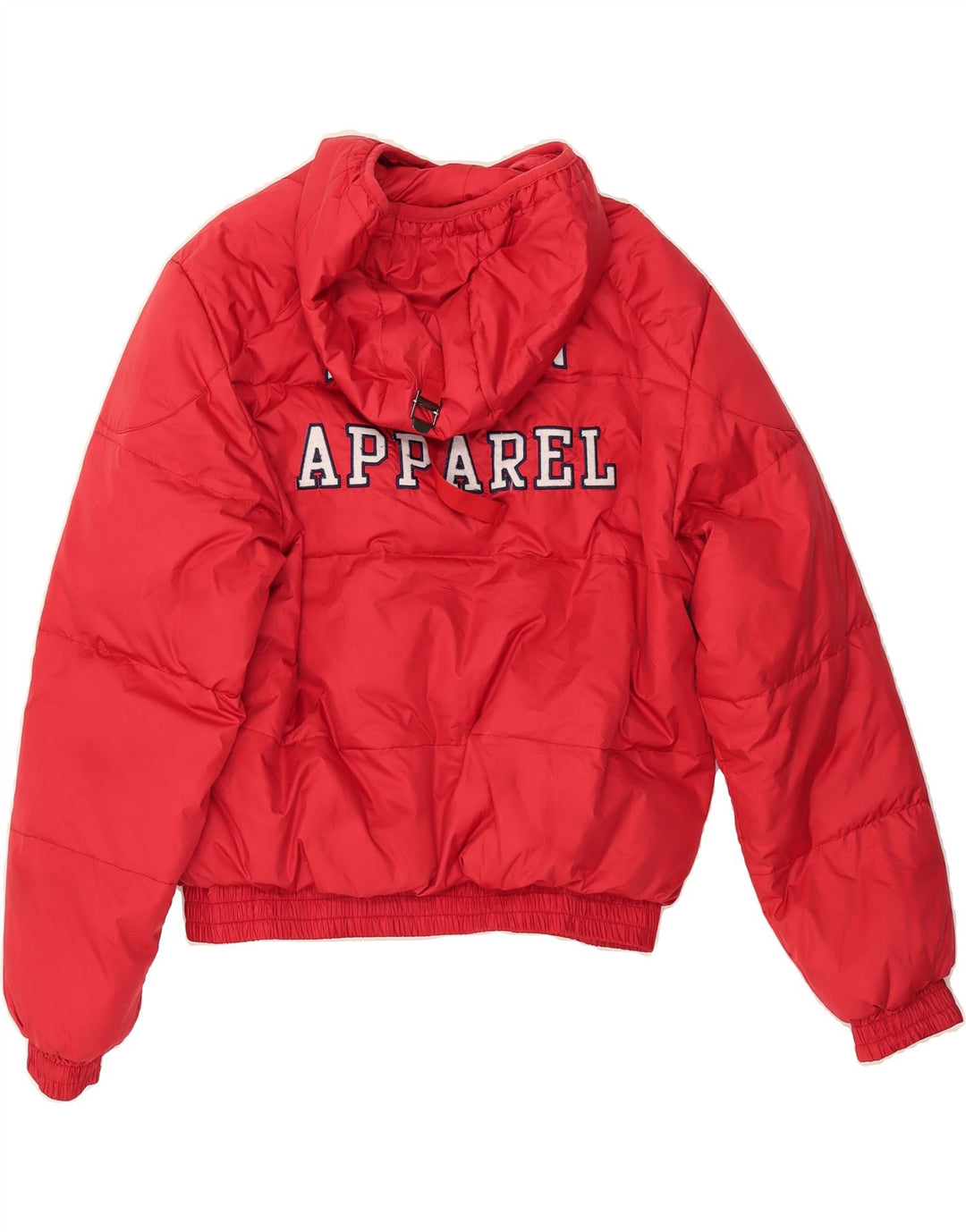 PICKWICK Womens Oversized Graphic Hooded Padded Jacket UK 14 Medium Red Vintage Pickwick and Second-Hand Pickwick from Messina Hembry 