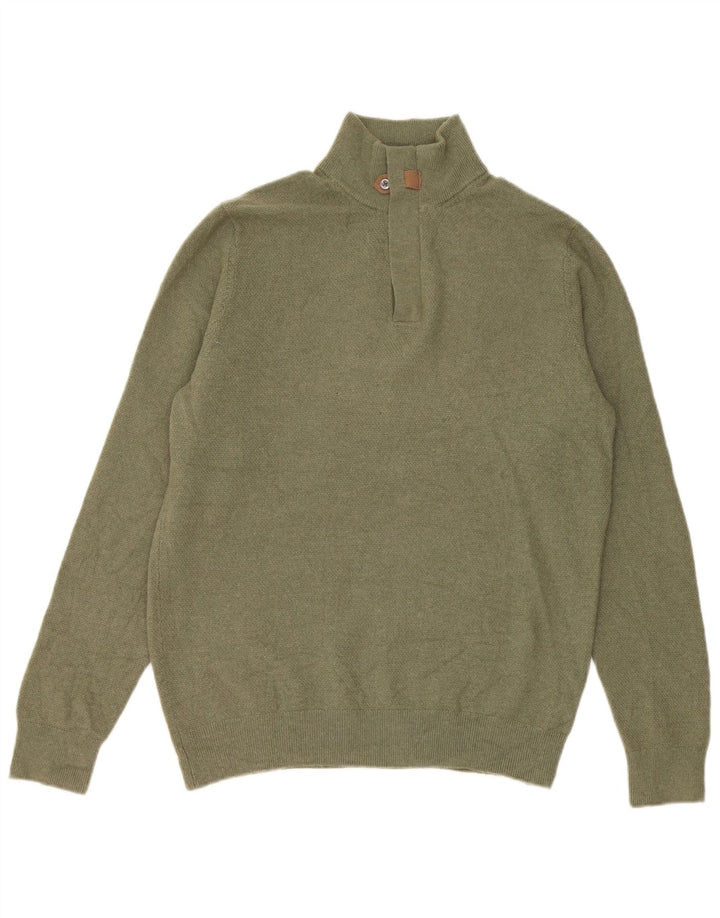 Massimo Dutti Herren-Pullover mit Reißverschluss am Hals, mittelgrüne Wolle