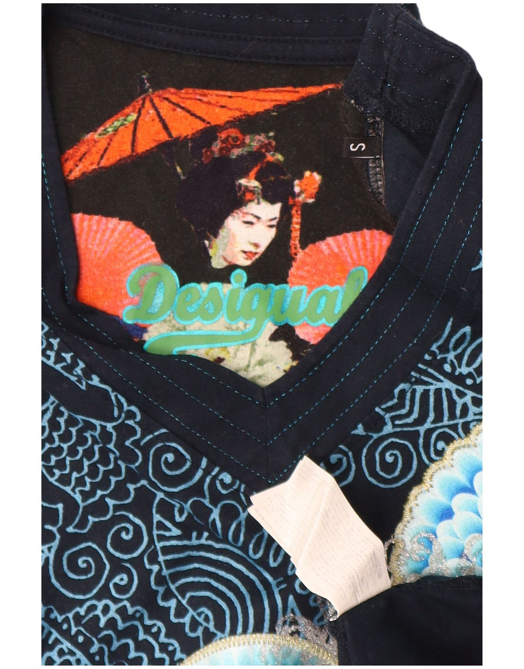 Desigual Damen Graphic Top Langarm UK 10 Small Marineblau