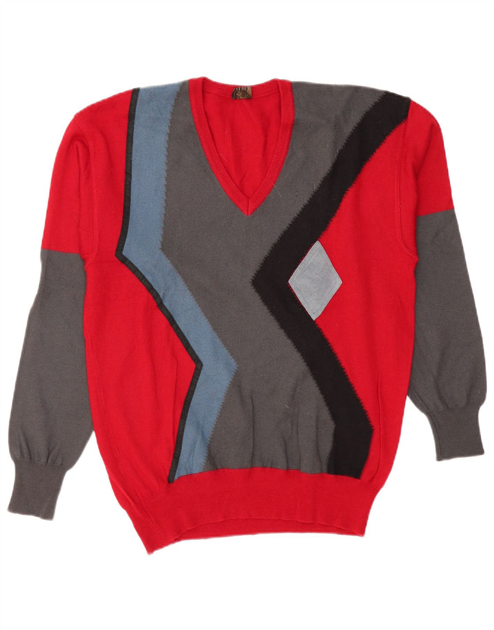 DALMINE Herren-Pullover mit V-Ausschnitt IT 50 Mittelrote Colourblock-Schurwolle
