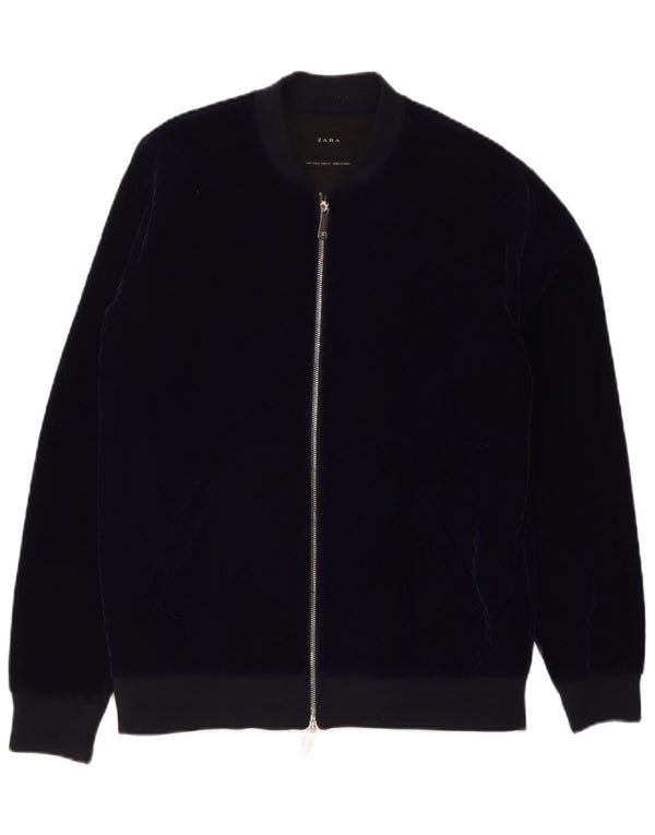 Zara Herren Velours-Bomberjacke UK 40 Large Marineblau Polyester